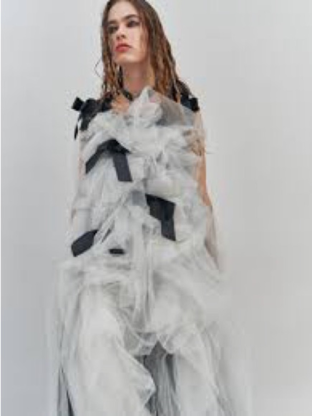 Diana Paukstyte White Ruffle Maxi Dress with Black Ribbon Accents